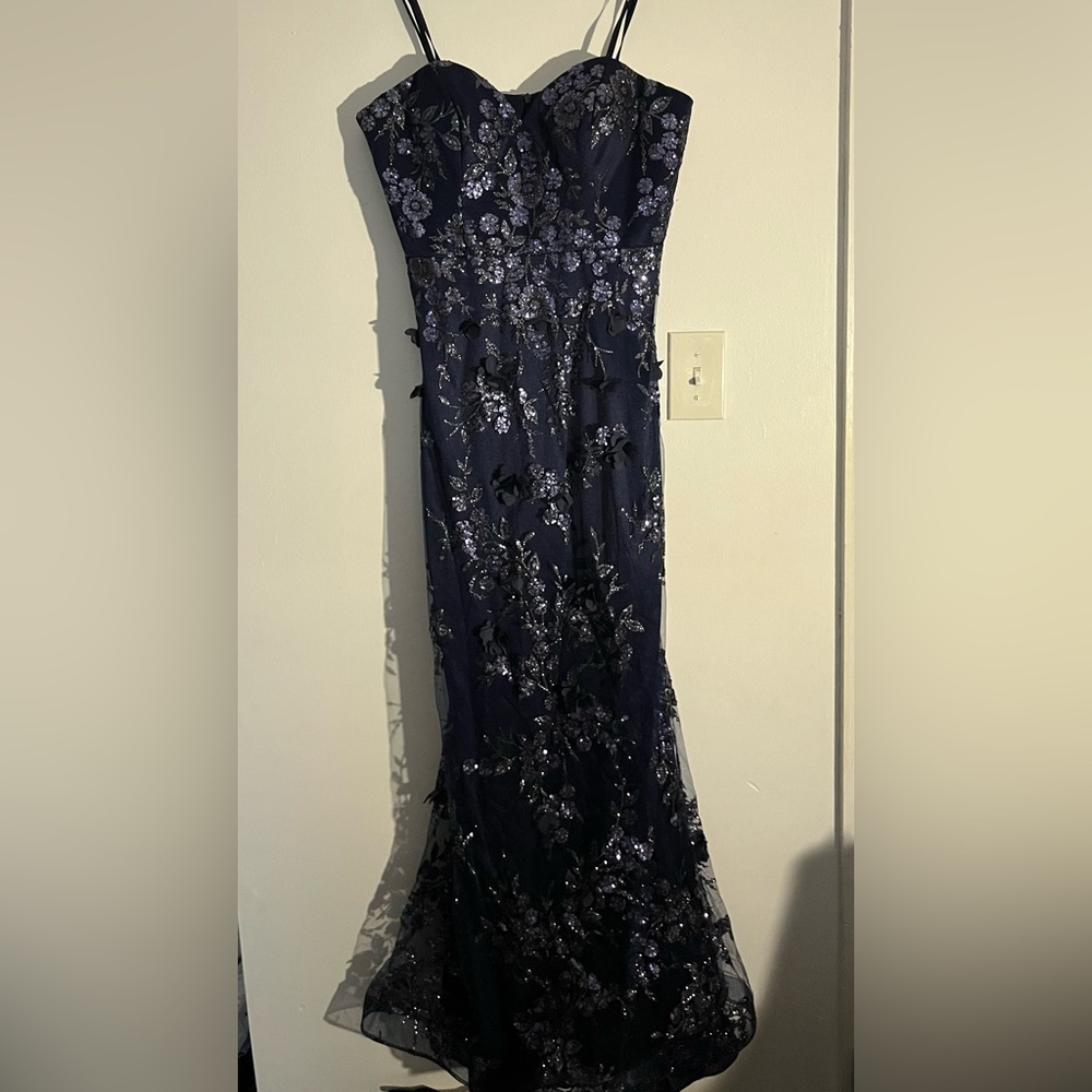 Navy Floral Sequin Evening Gown